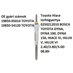   Toyota Hiace Izzítógyertya 0250212010 BOSCH TOYOTA DYNA, DYNA 100, DYNA 150, HIACE IV, HILUX V, HILUX VI 2.4D/2.8D/3.0D 08.89-