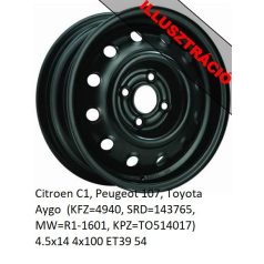   Citroen C1, Peugeot 107, Toyota Aygo  Lemezfelni Acélfelni 4.5x14 4x100 ET39 54 