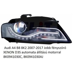    Audi A4 B8 8K2 2007-2017 Jobb fényszóró XENON D3S automata állítású motorral 8K0941030C, 8K0941030AJ