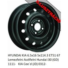   HYUNDAI KIA 6.5x16 5x114.3 ET51 67 Lemezfelni Acélfelni Hundai i30 (GD) 1111-   KIA Cee'd (JD) 0312-