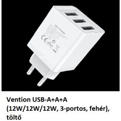 Vention USB-A+A+A (12W/12W/12W, 3-portos, fehér), töltő