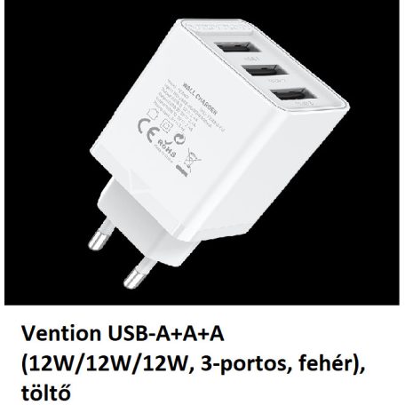 Vention USB-A+A+A (12W/12W/12W, 3-portos, fehér), töltő