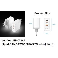 Vention USB-C*2+A (3port,GAN,100W/100W/30W,fehér), töltő