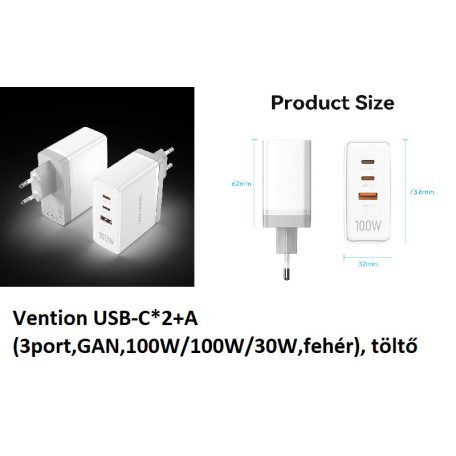 Vention USB-C*2+A (3port,GAN,100W/100W/30W,fehér), töltő