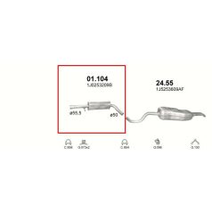   Kipufogódob, közép, Audi A3, Seat Leon, Skoda Octavia, VW Golf IV, Bora, 1.6-2.0, 1996-2003.06