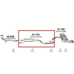   Kipufogódob, közép, Audi A3 Hb, Sportback, Seat Altea, Toledo, VW Golf V, 1.9-2.0, 2003-2008.12
