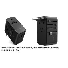   Choetech USB-C*2+USB-A*2 (35W,fekete,travel,USB-C kábellel, US,UK,EU,AU), töltő