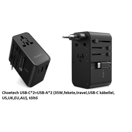 Choetech USB-C*2+USB-A*2 (35W,fekete,travel,USB-C kábellel, US,UK,EU,AU), töltő