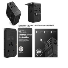   Choetech USB-C*2+USB-A*2 (45W,fekete,travel,USB-C kábellel, US,UK,EU,AU), töltő