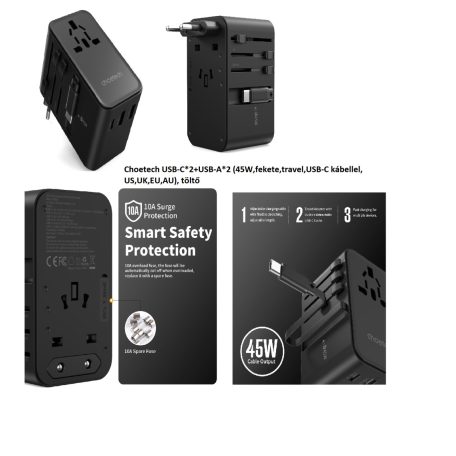 Choetech USB-C*2+USB-A*2 (45W,fekete,travel,USB-C kábellel, US,UK,EU,AU), töltő