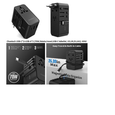 Choetech USB-C*2+USB-A*2 (70W,fekete,travel,USB-C kábellel, US,UK,EU,AU), töltő