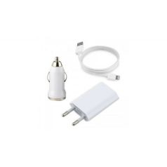   3in1 Apple iPhone utángyártott hálózati és szivargyújtós töltő adatkábellel fehér